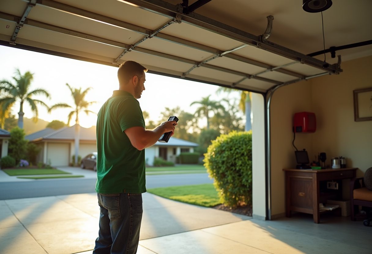 Technician adjusting a belt-drive garage opener — Ashgrove